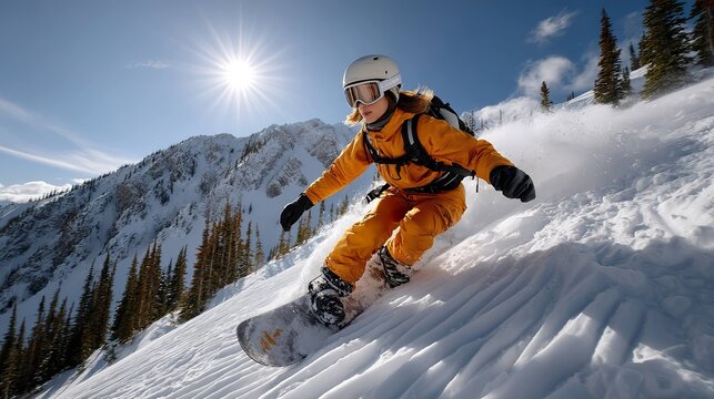 Woman snowboarding down sunny mountain slope