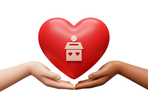Hands holding a red heart with a voting icon isolated on transparent background, international day of charity