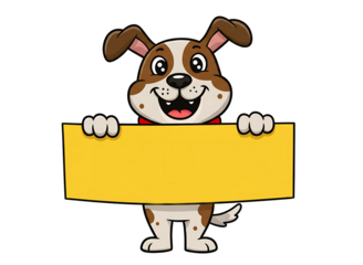 Happy cartoon dog holding a yellow blank sign isolated on transparent background