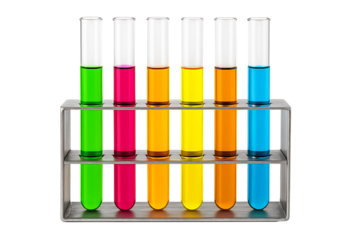 A rack of multiple test tubes with various colored liquids, a display of different chemical solutions and scientific experiments, isolated on a transparent background