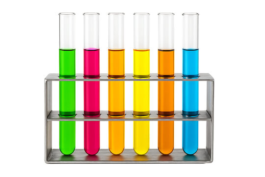 A rack of multiple test tubes with various colored liquids, a display of different chemical solutions and scientific experiments, isolated on a transparent background