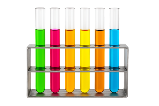 A rack of multiple test tubes with various colored liquids, a display of different chemical solutions and scientific experiments, isolated on a transparent background