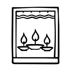 Diwali window with diyas in simple outline style on transparent background  