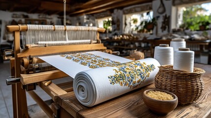 Wooden loom weaving decorative fabric