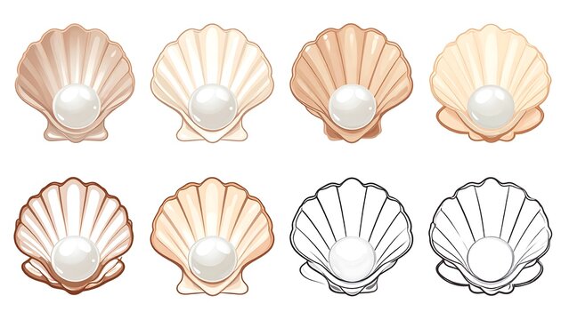 Eight illustrations of pearls in shells, various colors
