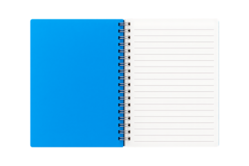 an open blue spiral notebook with white ruled pages and a blue hard cover isolated on a transparent background
