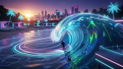 A digital motion scene of a surfer riding a vibrant neon energy wave in a futuristic synthwave city at sunset. - Powered by Adobe