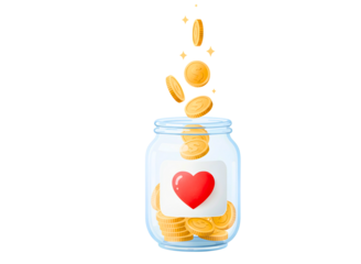 Glass jar with red heart and falling gold coins isolated on transparent background