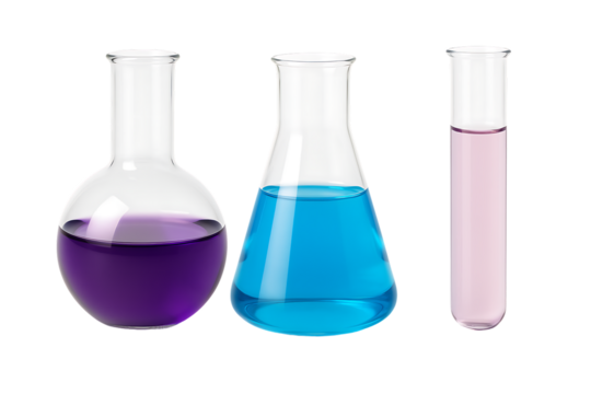 a laboratory glassware with a purple, blue and pink chemical liquid on a transparent background isolated on a transparent background