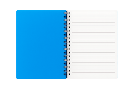 an open blue spiral notebook with white ruled pages and a blue hard cover isolated on a transparent background