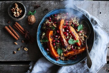 A bowl of colorful quinoa salad features roasted pumpkin slices, pomegranate seeds, and fresh mint. The dish is styled on a rustic wooden surface, evoking autumn vibes