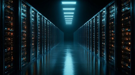 A striking perspective down a server room corridor, filled with rows of networked computer servers, showcasing the technological backbone and modern infrastructure.