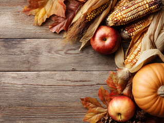 Autumn harvest display featuring pumpkins, apples, corn, and fall leaves on rustic wooden table