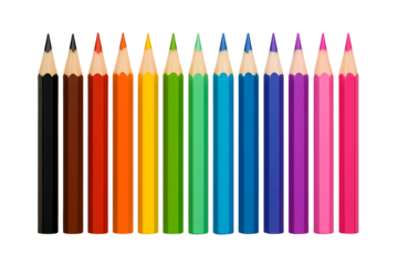 a complete set of twelve colored pencils, perfectly arranged in a row, featuring a classic rainbow of rich colors for artistic creation, isolated on a transparent background