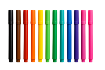 a straight line of ten colorful art markers with black caps, offering a variety of shades from black to pink, perfect for all sorts of creative endeavors, isolated on a transparent background
