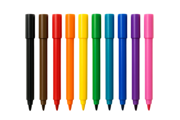 a clean arrangement of ten colored marker pens with black caps on, showcasing a spectrum of colors and a modern design aesthetic, isolated on a transparent background