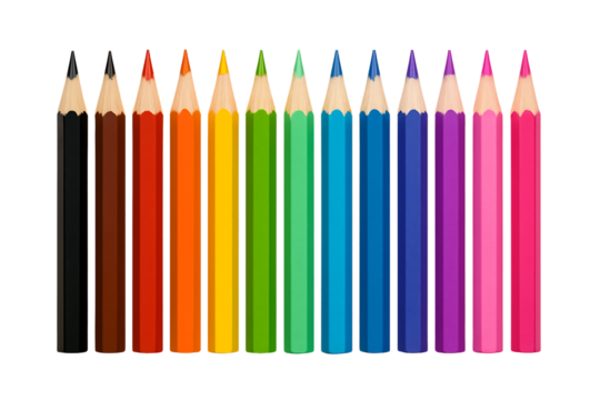 a complete set of twelve colored pencils, perfectly arranged in a row, featuring a classic rainbow of rich colors for artistic creation, isolated on a transparent background