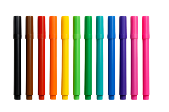 a straight line of ten colorful art markers with black caps, offering a variety of shades from black to pink, perfect for all sorts of creative endeavors, isolated on a transparent background - Powered by Adobe