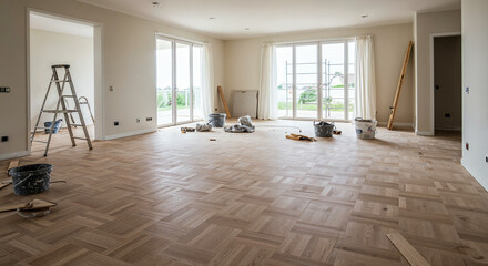 Villa living room with parquet flooring under renovation
