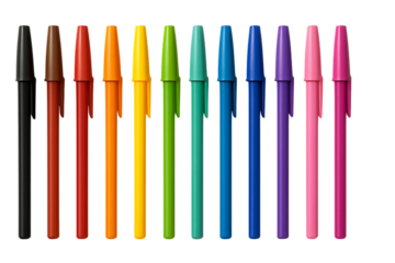 a row of assorted colorful ballpoint pens with caps, displaying a clean and simple design, great for various writing and drawing projects, isolated on a transparent background