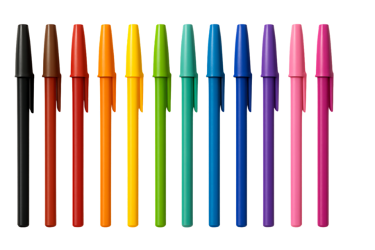 a row of assorted colorful ballpoint pens with caps, displaying a clean and simple design, great for various writing and drawing projects, isolated on a transparent background - Powered by Adobe