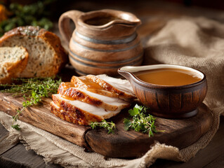Delicious roasted turkey slices served with savory gravy and homemade bread on a rustic wooden board