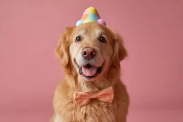 Fotobehang Dierenarts A cheerful golden retriever dons a colorful party hat and a stylish bowtie, exuding joy against a soft pink background perfect for a festive event  © timitinej