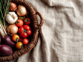 Fresh vegetables arranged in a woven basket on a linen cloth in natural light highlighting their colors and textures