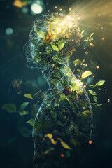 Futuristic digital illustration of a human figure dissolving into glowing green leaves, symbolizing connection with nature, sustainability, and eco-consciousness. Concept art blending technology, spir