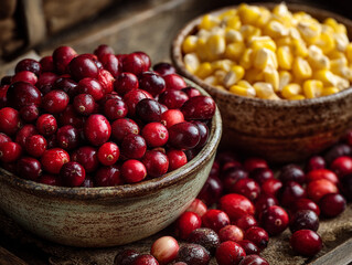 Freshly harvested cranberries and corn displayed in rustic bowls on a wooden table in a farm setting during autumn