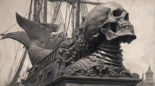 Ornate ship figurehead skull, scales, & mermaid tail in vintage sepia tone