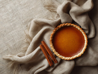 Homemade pumpkin pie resting on a textured fabric with cinnamon sticks nearby in a cozy kitchen setting