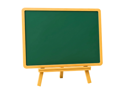 Green school blackboard with wooden easel isolated on transparent background