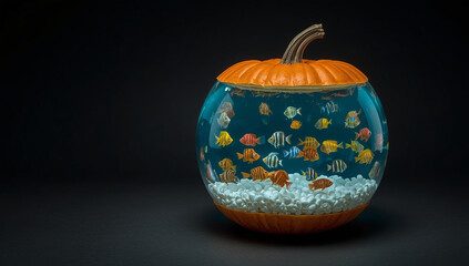 Pumpkin Aquarium with Colorful Tropical Fish, Halloween Decoration Concept