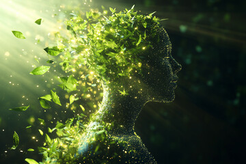 Futuristic digital illustration of a human figure dissolving into glowing green leaves, symbolizing connection with nature, sustainability, and eco-consciousness. Concept art blending technology, spir