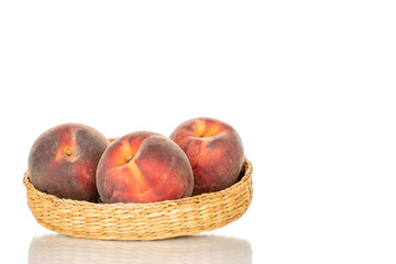 Sweet peaches, close-up, isolated on white background.	