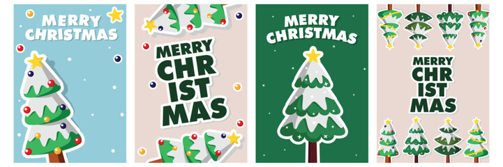 Trendy Merry Christmas and Happy New Year minimalist greeting with tree and snow element illustration, blue and green background for sale, advertisement promotion, card, gift, poster, flyer, banner