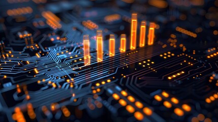 Digital data flow on a glowing circuit board, showing future technology and innovation concept