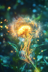 Inspirational close-up of a dandelion glowing with warm light, symbolizing mindfulness, meditation, and connection to nature. Perfect concept for wellness, balance, relaxation, and eco-friendly lifest