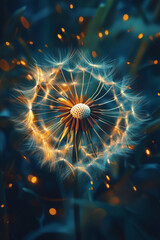 Inspirational close-up of a dandelion glowing with warm light, symbolizing mindfulness, meditation, and connection to nature. Perfect concept for wellness, balance, relaxation, and eco-friendly lifest