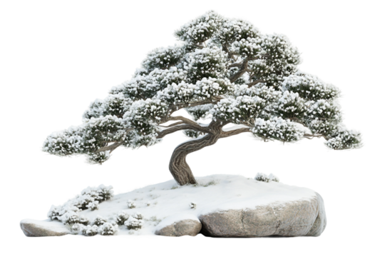 Snowy winter tree standing tall isolated on transparent background