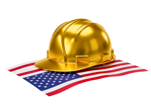 Golden hard hat resting on american flag isolated on transparent background