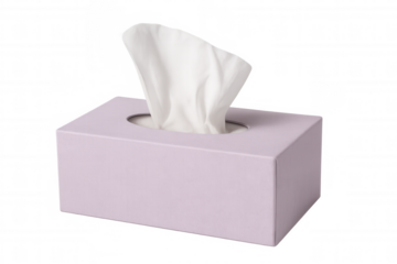 Soft white tissues dispensing from pastel purple rectangular tissue box against clear, minimalist background
