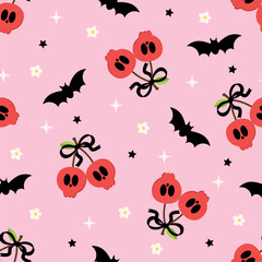 Happy halloween seamless pattern and background  with red skull cherries, cute black bow and ribbon. Holidays cartoon character. -Vector