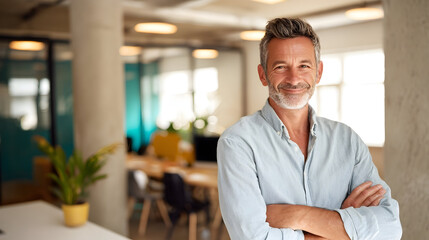 Smiling man with arms crossed stands in a bright office space with blurred background and plants visible