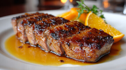 Grilled steak with orange garnish on a white plate.