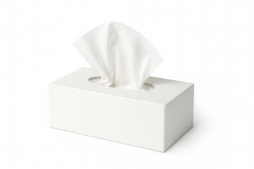 Clean white tissue box dispensing a soft paper tissue, set against a transparent background, ready for use in design projects