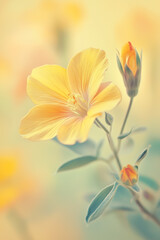Obraz premium Close-up of delicate yellow wildflowers blooming in a sunlit meadow. Soft natural light highlights the fragile petals and fresh green stems, capturing the beauty of spring, growth, and the serenity of