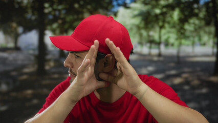 Delivery man in red uniform cups hand behind ear while tilting head in green outdoor park during...