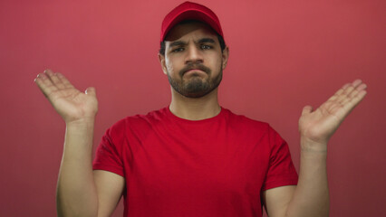 Naklejka premium Man wearing red cap and t shirt holding both palms up facing camera in studio with puzzled expression; uncertainty.